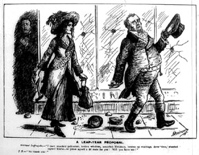 Woman on left holding a hammer speaking to John Bull figure on the right.  Debris on the ground between both figures.