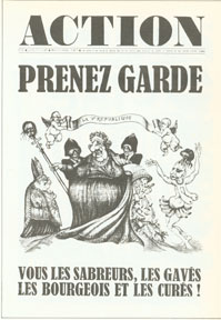 Image of De Gaulle dressed as an emperor under a banner of the Fifth French Republic; surrounded by priests, police, and a caricature of Josephine Baker, an African-American dancer who was a sensation in Paris during the 1920s.